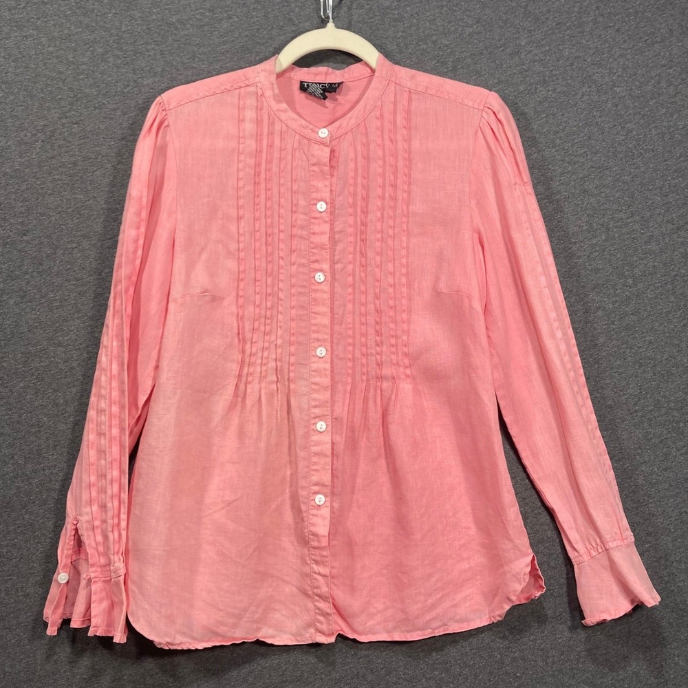 Tracy M Pink 100% Linen Pintuck Button Down‎ Shirt Band Collar Long Sleeve Top